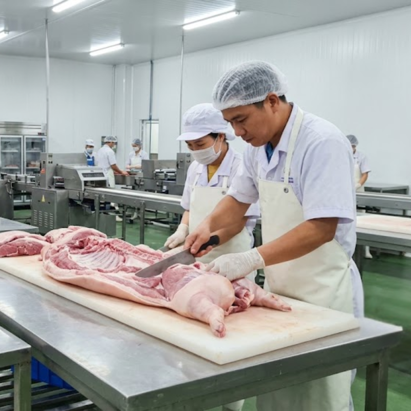 Cảnh sơ chế thịt heo và lọc lấy nạc mông heo